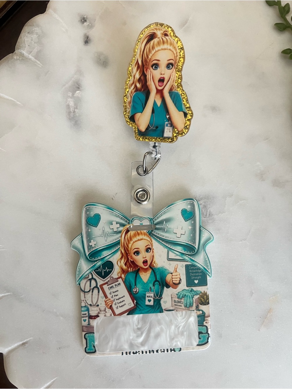 Blonde Pop-star Nurse Badge Reel & ID Buddy
